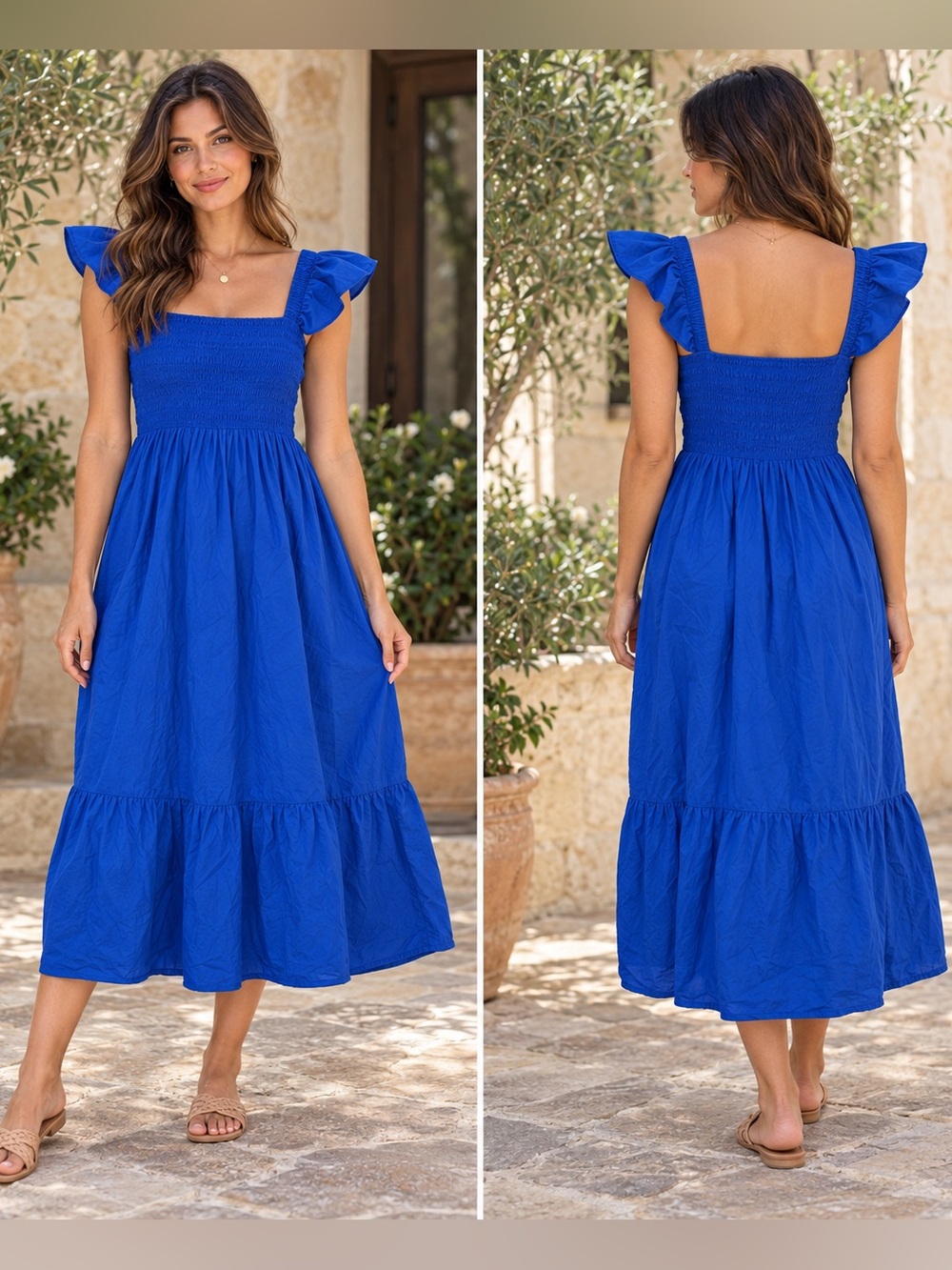 O.P.T. Royal Blue Smocked Midi Dress M Ruffle Strap Square Neck Tiered